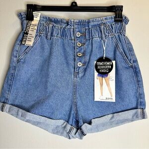 NWT S.O.N.G Paperbag Shorts Blue Denim Button Fly High Waisted Cuffed Size L